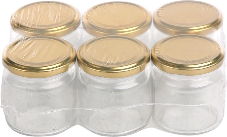 Zestaw 6 szklanych słoików do przetworów 200 ml ze złotymi zakrętkami 66 mm