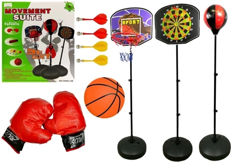 Dziecięcy zestaw sportowy 3w1 – koszykówka, boks i magnetyczne lotki