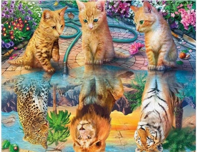 Diamentowe haftowanie (diamond painting) lustrzane odbicie – lampart, lew i tygrys 40 × 30 cm