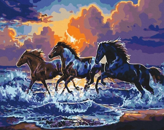 Diamentowa mozaika – dzikie konie na plaży 30 × 40 cm