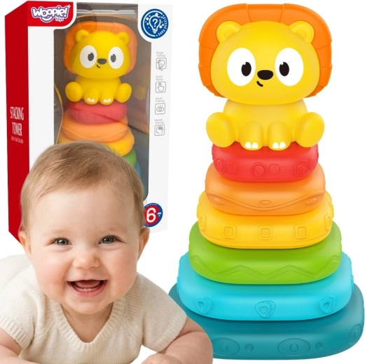 Woopie Baby sensoryczna piramida – wieża do składania z lwiątkiem (od 6 miesięcy)