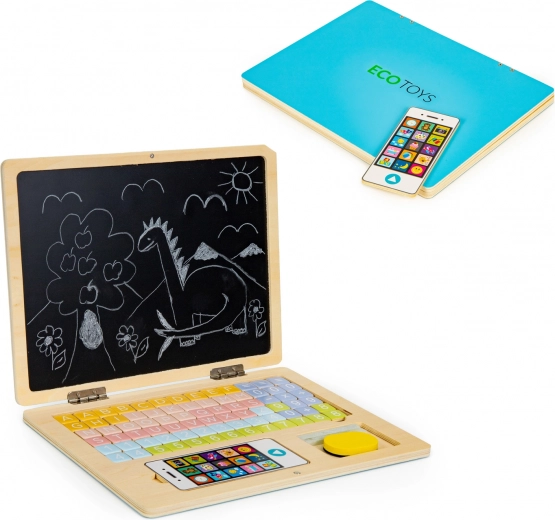 Drewniany edukacyjny laptop z magnetyczną tablicą i literami ECO TOYS