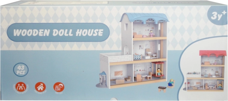 Drewniany domek dla lalek z windą i mebelkami