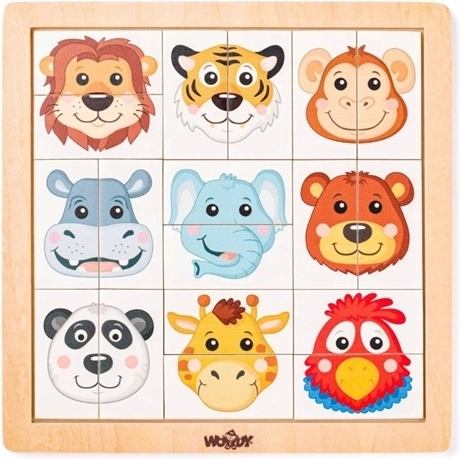 Woody drewniane puzzle z główkami egzotycznych zwierząt, 18 elementów