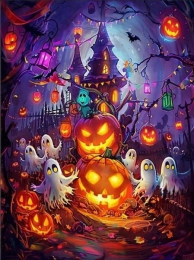 NORIMPEX Malowanie po numerach Nawiedzony dom z halloweenowymi dyniami 40 × 50 cm