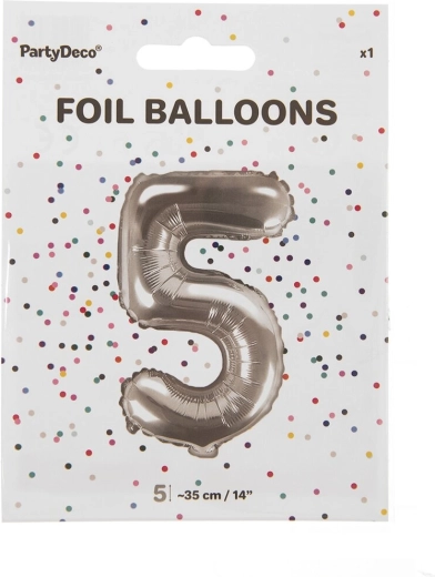 Srebrny foliowy balon w kształcie cyfry 5 (35 cm)