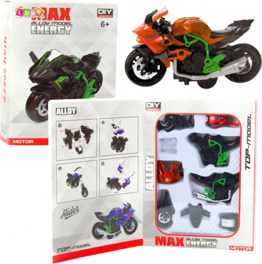 Metalowy motocykl do samodzielnego złożenia 1:14 zielono‑pomarańczowy DIY