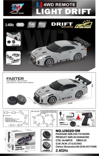 Zdalnie sterowane auto driftowe R/C 1:20 ze światłami szare - 1 szt.
