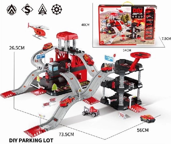 Parking z 6 metalowymi autkami i helikopterem