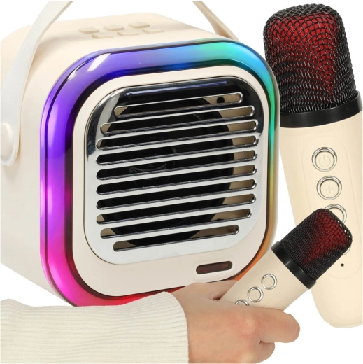 Zestaw karaoke z głośnikiem Bluetooth 10 W, 2 bezprzewodowe mikrofony i RGB LED – kremowy