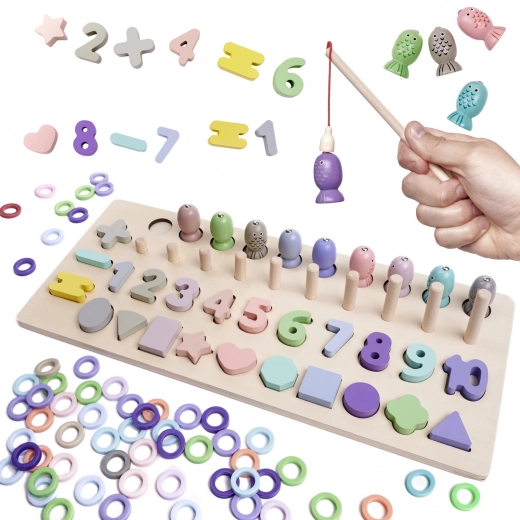 Drewniana edukacyjna gra 2 w 1: sorter kształtów, liczydło i magnetyczne rybki