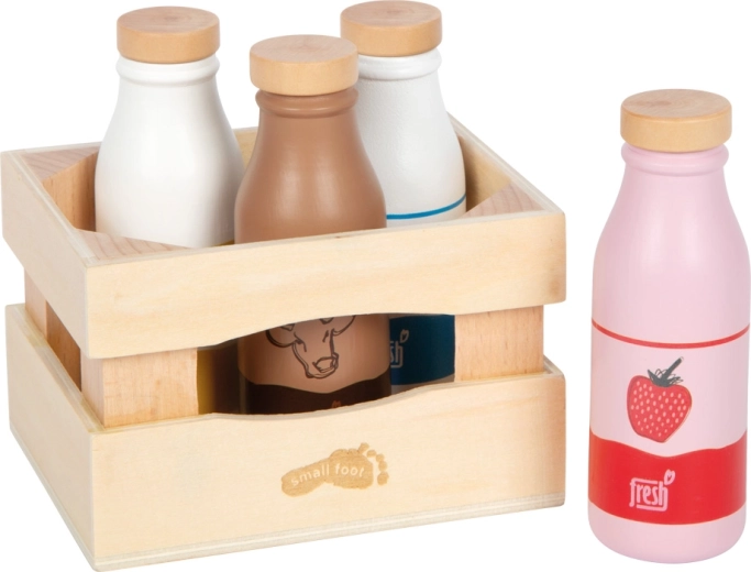 Small foot drewniana skrzynka z napojami mlecznymi