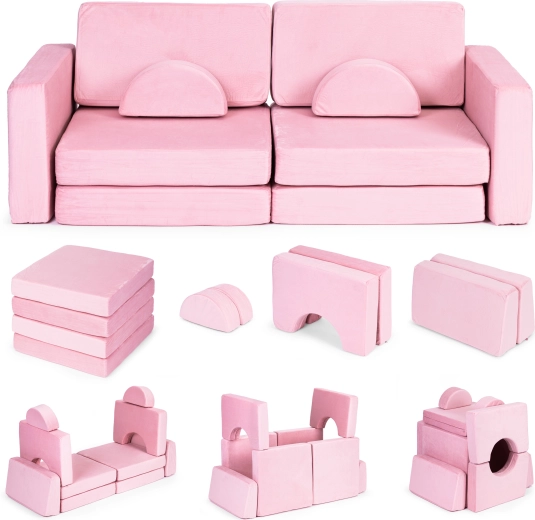 Duża dwuosobowa modułowa składana sofa dla dzieci DIY z 10 miękkimi poduszkami - różowa ECOTOYS