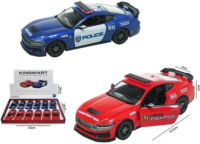 Model samochodu Ford Mustang 2024 Dark Horse – wersja policyjna lub strażacka, pull back