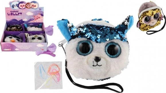 Dziewczęcy materiałowy portfelik z motywem zwierzątka z cekinami i ozdobami do włosów