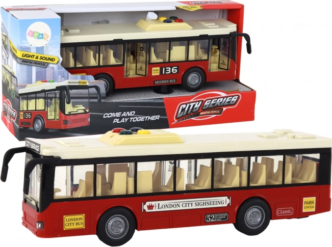 Czerwony miejski autobus na baterie ze światłami i dźwiękami 1:16