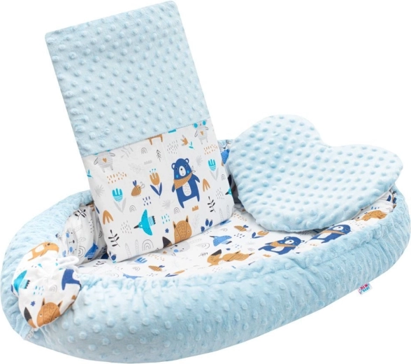Luksowne gniazdko z poduszką i kołderką z Minky, niebieskie – New Baby