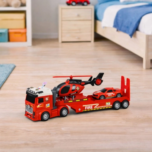 Ciężarówka z platformową naczepą i składaną rampą