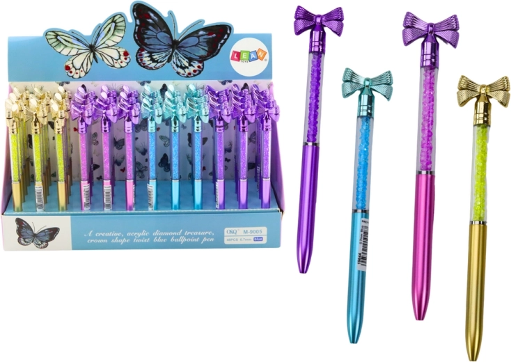 Długopis kulkowy z kokardką i kryształkami, niebieski wkład 0,7 mm