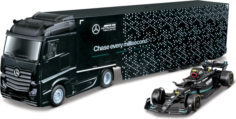 Bburago ciągnik siodłowy z naczepą do transportu F1 oraz model Mercedes-AMG Petronas W15 (2024) George Russell 1:43