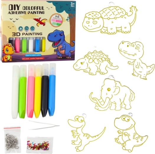 Kreatywny zestaw DIY – witrażowe breloki dinozaury z 6 żelowymi pisakami