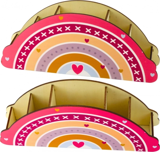 Drewniany organizer na biurko dla dzieci w różowym kolorze z motywem tęczy