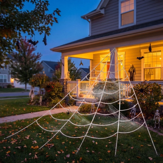 Halloweenowa pajęczyna z białej szenili 5 × 4,8 m z kołkami mocującymi