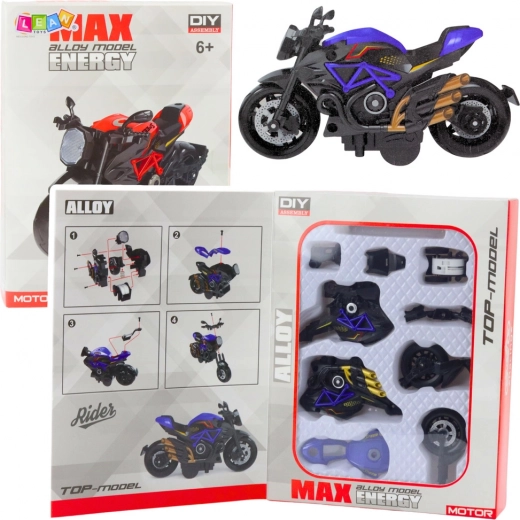 Motocykl do samodzielnego złożenia 1:14, model metalowo‑plastikowy, czarno‑niebieski