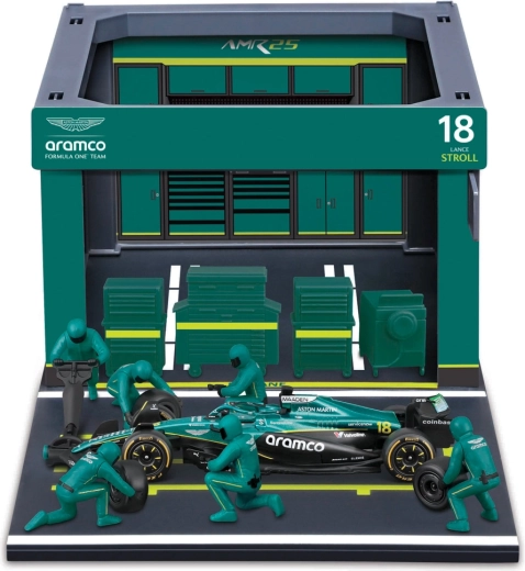 Bburago Formula Racing F1 Pit Pass – zestaw Aston Martin AMR25 2025 Lance Stroll 1:43