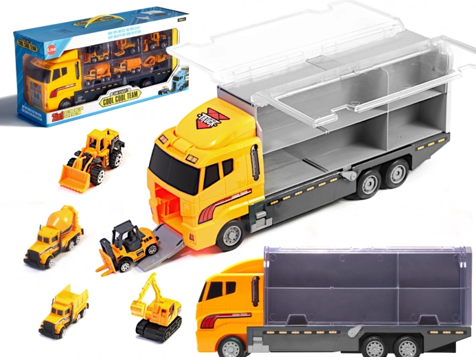 Zestaw ciężarówka siodłowa z transporterem i 6 pojazdami budowlanymi