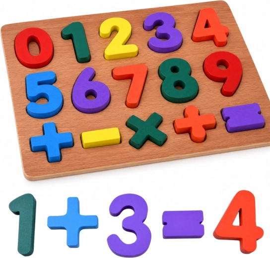 Drewniane puzzle edukacyjne z cyframi i symbolami matematycznymi
