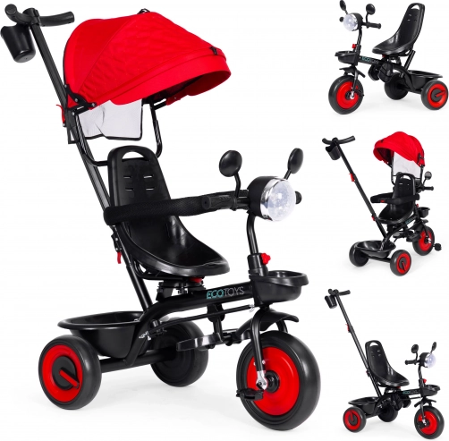 3w1 dziecięcy trójkołowiec z obrotowym siedziskiem i daszkiem, czerwony, ECOTOYS