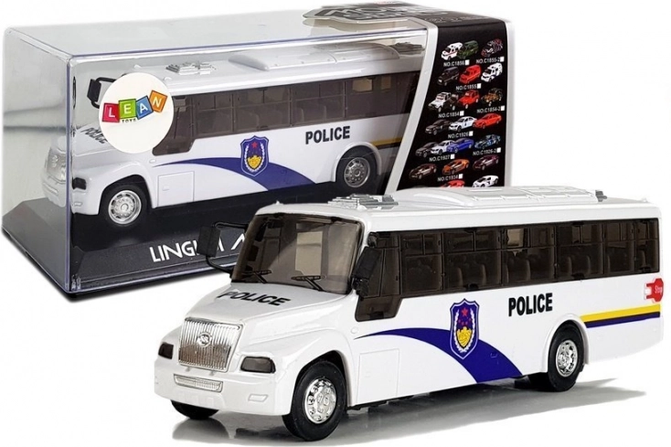 Policyjny autobus biały z napędem mechanicznym i efektami dźwiękowymi