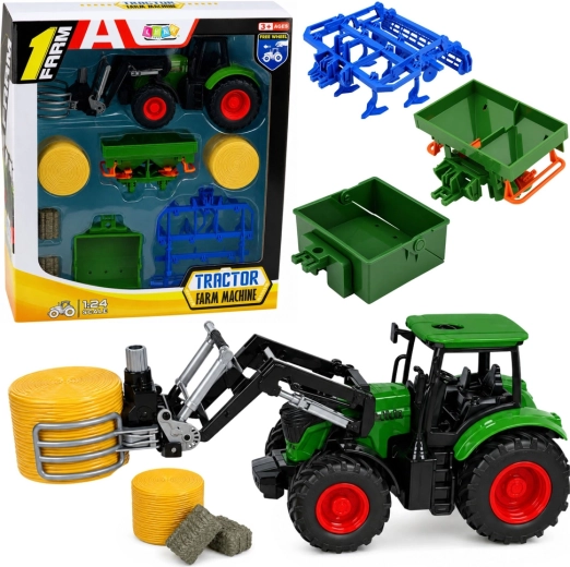 Zestaw farmerski: traktor z ładowaczem czołowym i chwytakiem do bel 1:24