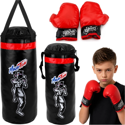 Dziecięcy zestaw bokserski Muay Thai M – worek treningowy 55 × 17 cm i rękawice