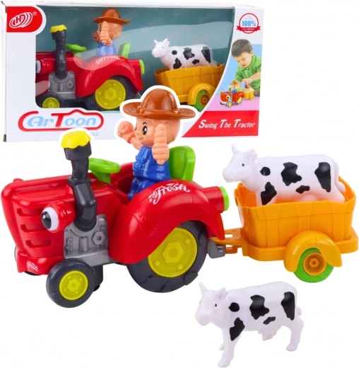 Interaktywny traktor farmerski z przyczepą i krówką – światła i dźwięki