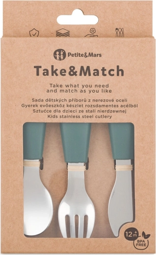 Petite&Mars zestaw dziecięcych sztućców ze stali nierdzewnej Take&Match misty green 12m+