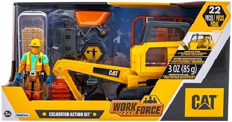 Gąsienicowa koparka CAT z figurką i akcesoriami budowlanymi