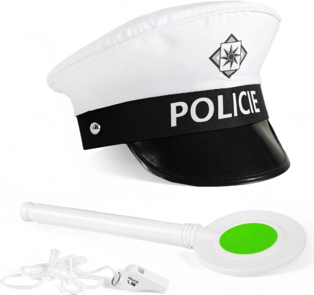 Zestaw policjanta drogowego z czapką, lizakiem i gwizdkiem