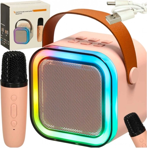 Różowy zestaw karaoke z głośnikiem Bluetooth, mikrofonem i LED