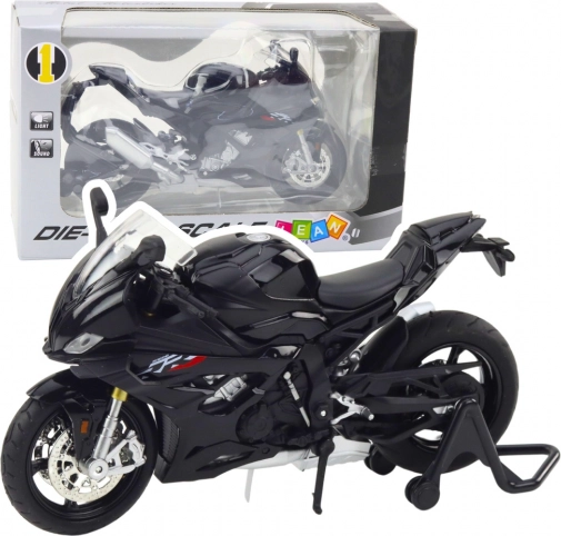Metalowy model sportowego motocykla z oświetleniem i dźwiękiem czarny 1:12