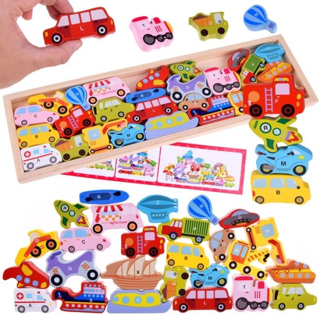 Duży drewniany alfabetyczny zestaw pojazdów – 27 elementów, układanka i sortowanie