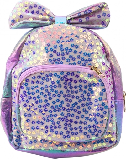 Dziecięcy plecak z błyszczącymi cekinami i kokardą, fioletowy, 22 cm, 2,8 l