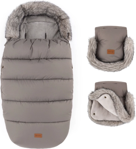 Petite&Mars zestaw zimowy: śpiworek Comfy 4w1 i rękawice do wózka Furry mocha mousse