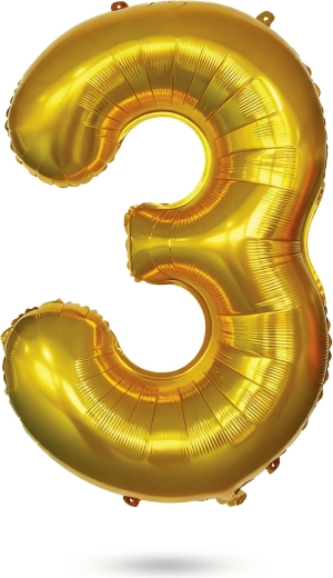 Złoty balon foliowy w kształcie cyfry 3, 85 cm