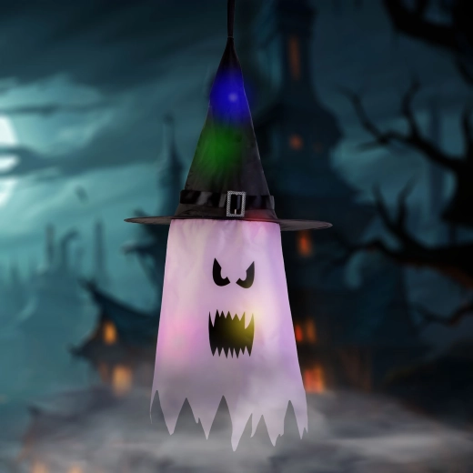 Halloweenska wisząca dekoracja LED duch różowa
