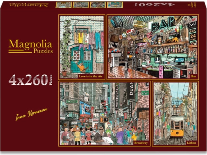 Magnolia puzzle Miłość w powietrzu, Retro bar, Broadway i uliczki Lizbony 4×260 elementów