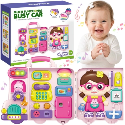 Woopie interaktywna tablica manipulacyjna Busy Car 3w1 w walizeczce z dźwiękiem i światłem