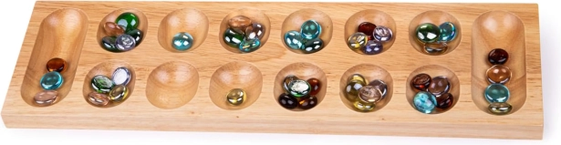 Drewniana gra Mancala z kolorowymi szklanymi kamykami Bigjigs Toys