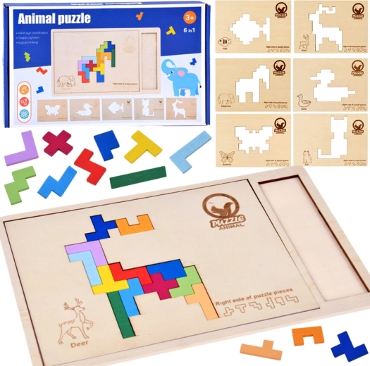 Drewniane puzzle logiczne Tetris ze zwierzętami